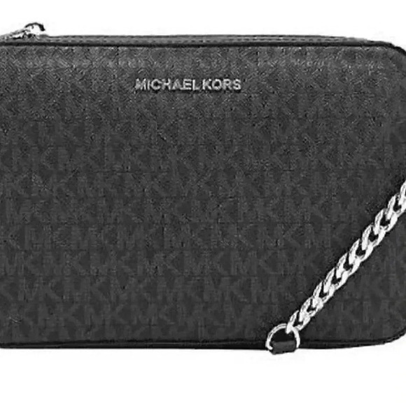 NWT! - 🔥Michael Kors Jet Set Large East West Crossbody Black/Silver MK Signature - Picture 2 of 9